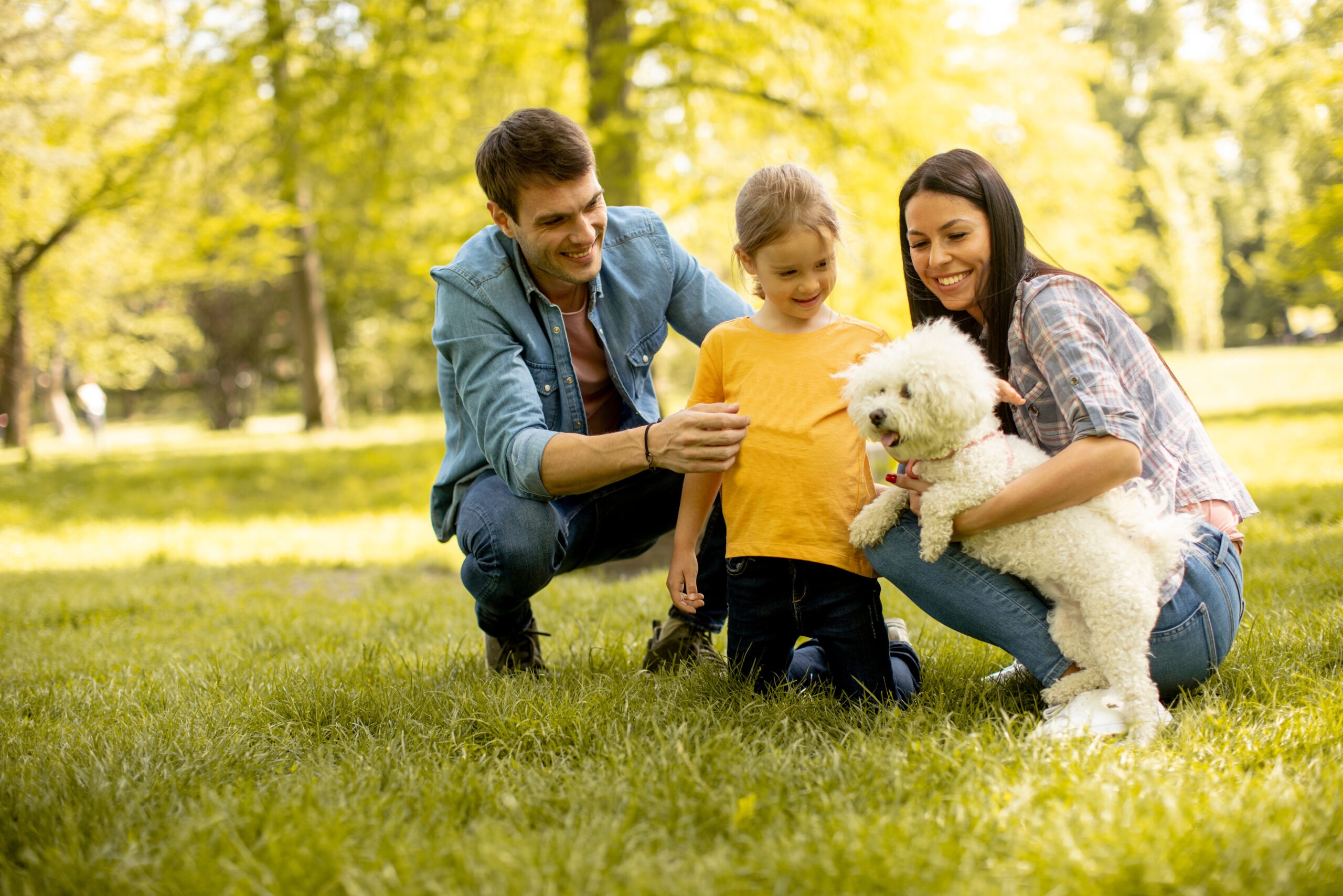 Happy family with cute bichon dog in the park