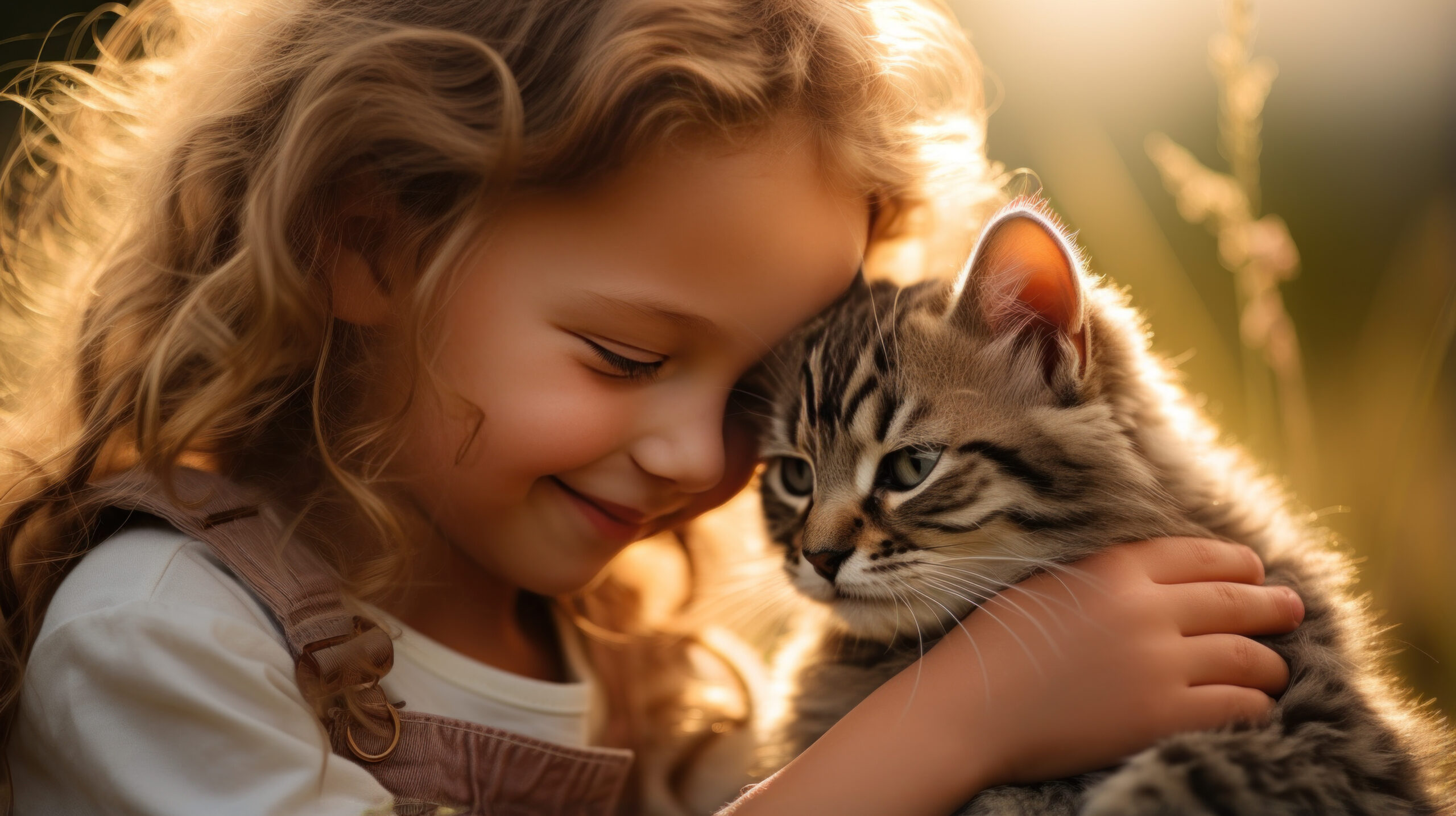 portrait intime d'une petite fille avec son chaton tigré, lumière arrière